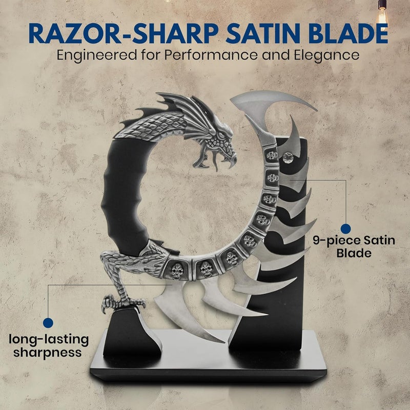 Rite Edge 8.5" Dragon Spine Decorative Knife Set – Circular Dragon Design with Satin Blades, Zinc Alloy Handle, and Wooden Display Stand – Unique Collectible - Image 3